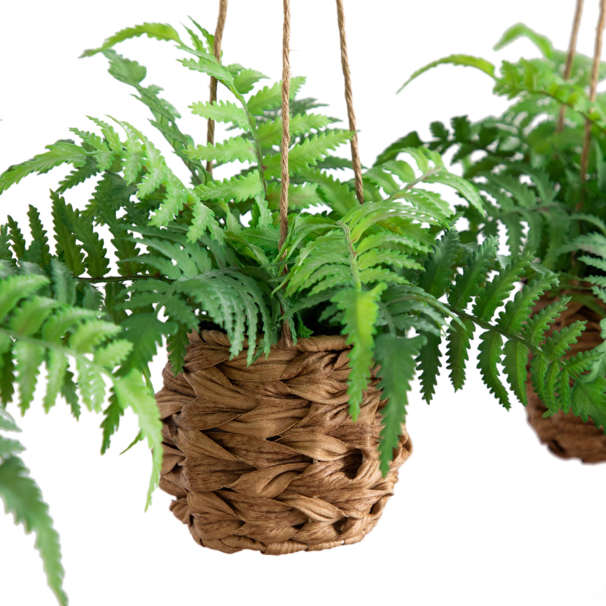Nearly Natural 10-in Artificial Boston Ferns in Hanging Wicker Baskets, Set of 3 Fake Ferns for Indoor/Outdoor Use, Hanging Basket for Patio Decoration, UV Resistant - Image 3