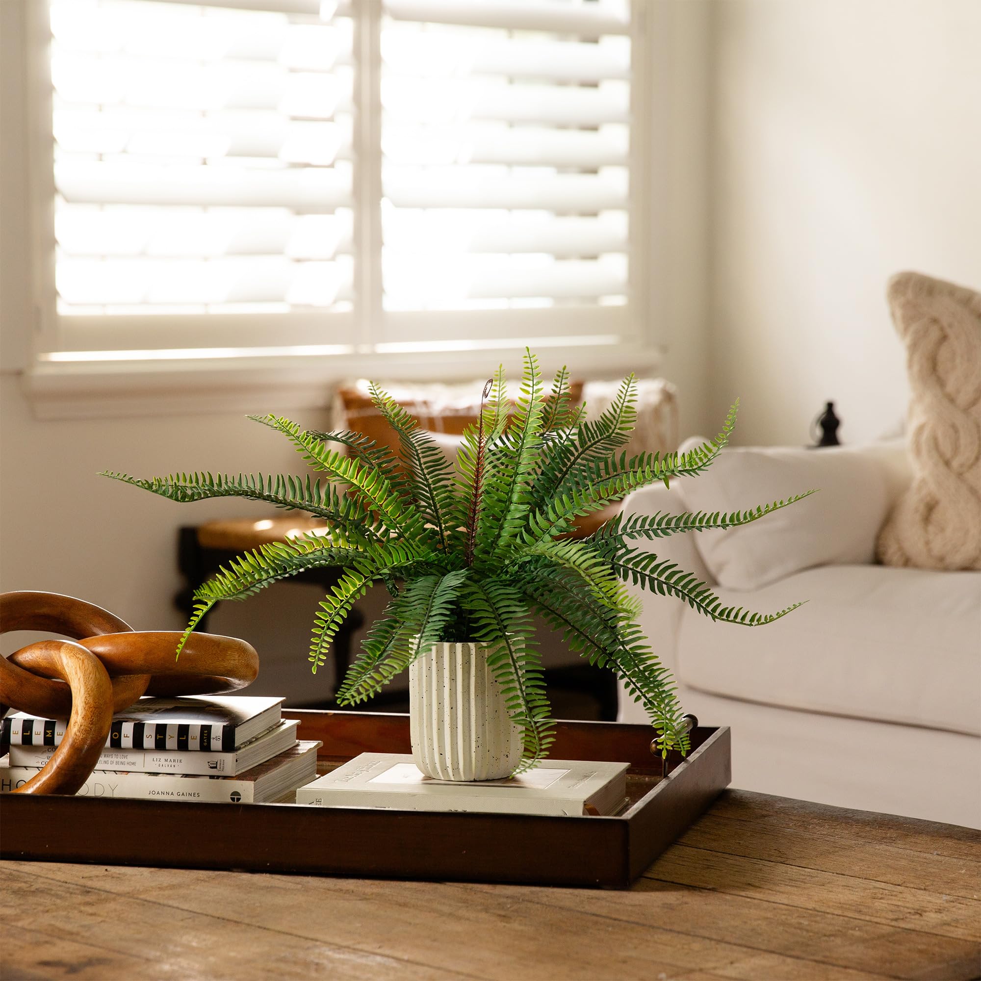 Nearly Natural 16-Inch Artificial Boston Fern Plant – Lifelike Greenery in Textured Cement Planter - Image 8
