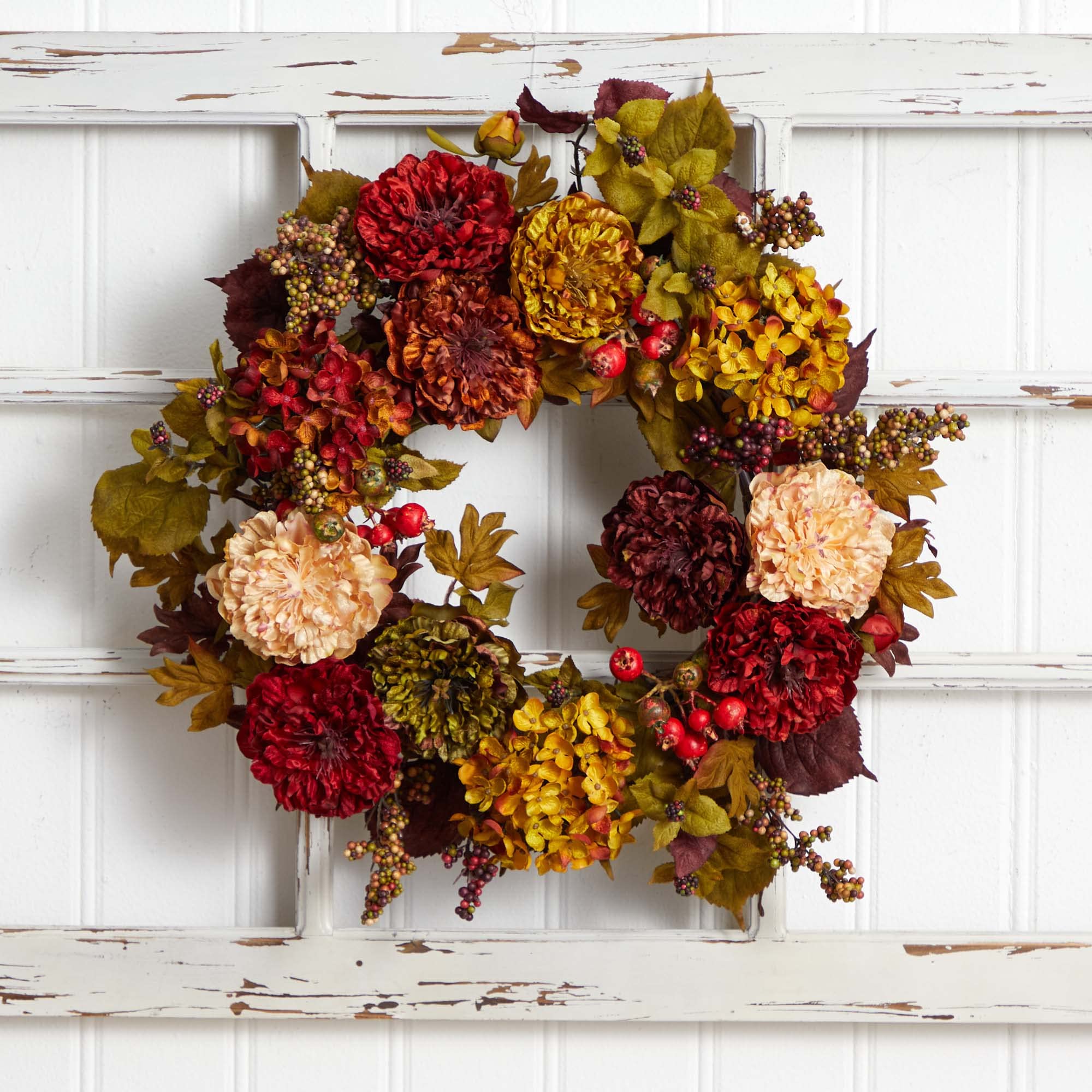 Nearly Natural 22in. Autumn Hydrangea Peony Wreath - Image 4