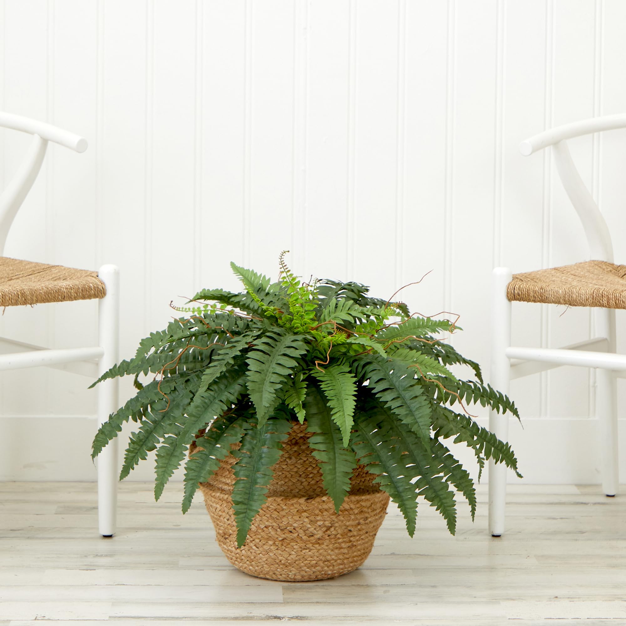Nearly Natural 23in. Artificial Boston Fern Plant with Handmade Jute & Cotton Basket DIY KIT - Image 3