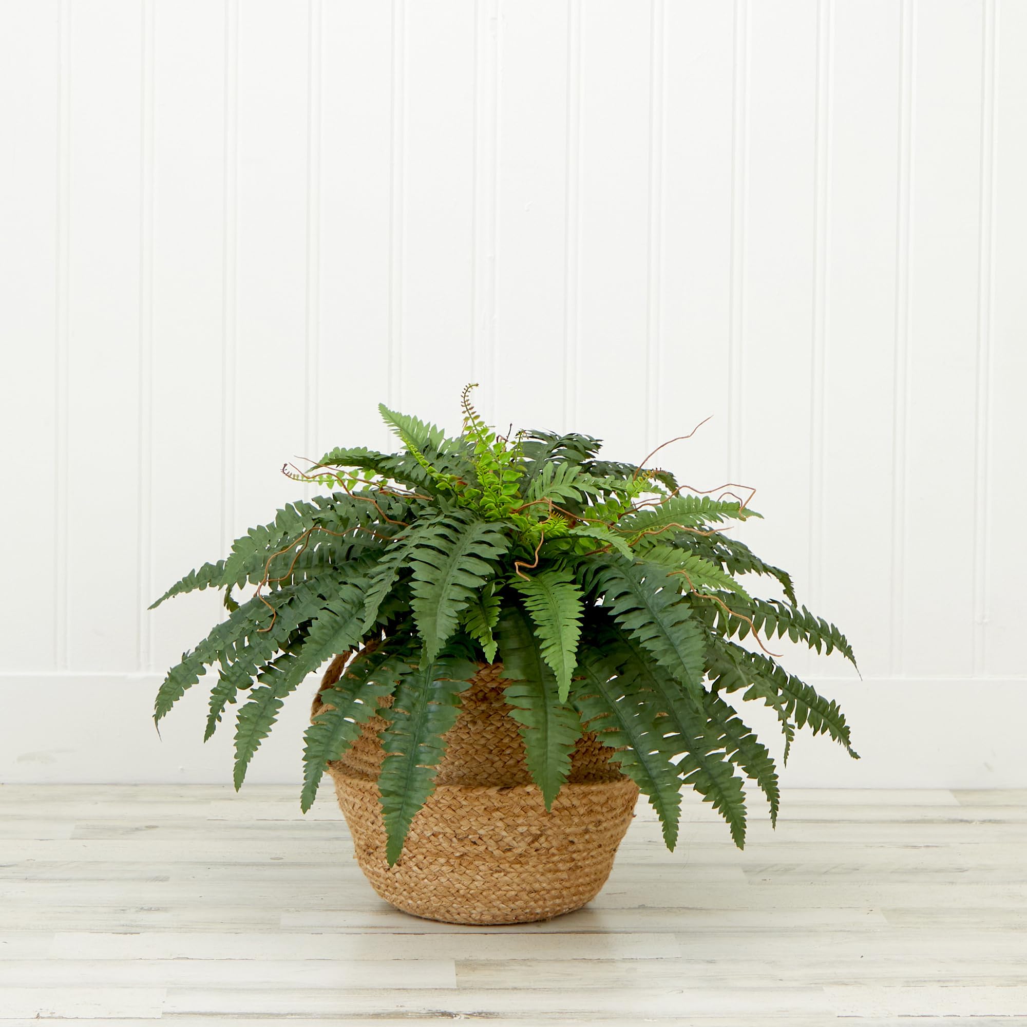 Nearly Natural 23in. Artificial Boston Fern Plant with Handmade Jute & Cotton Basket DIY KIT - Image 4