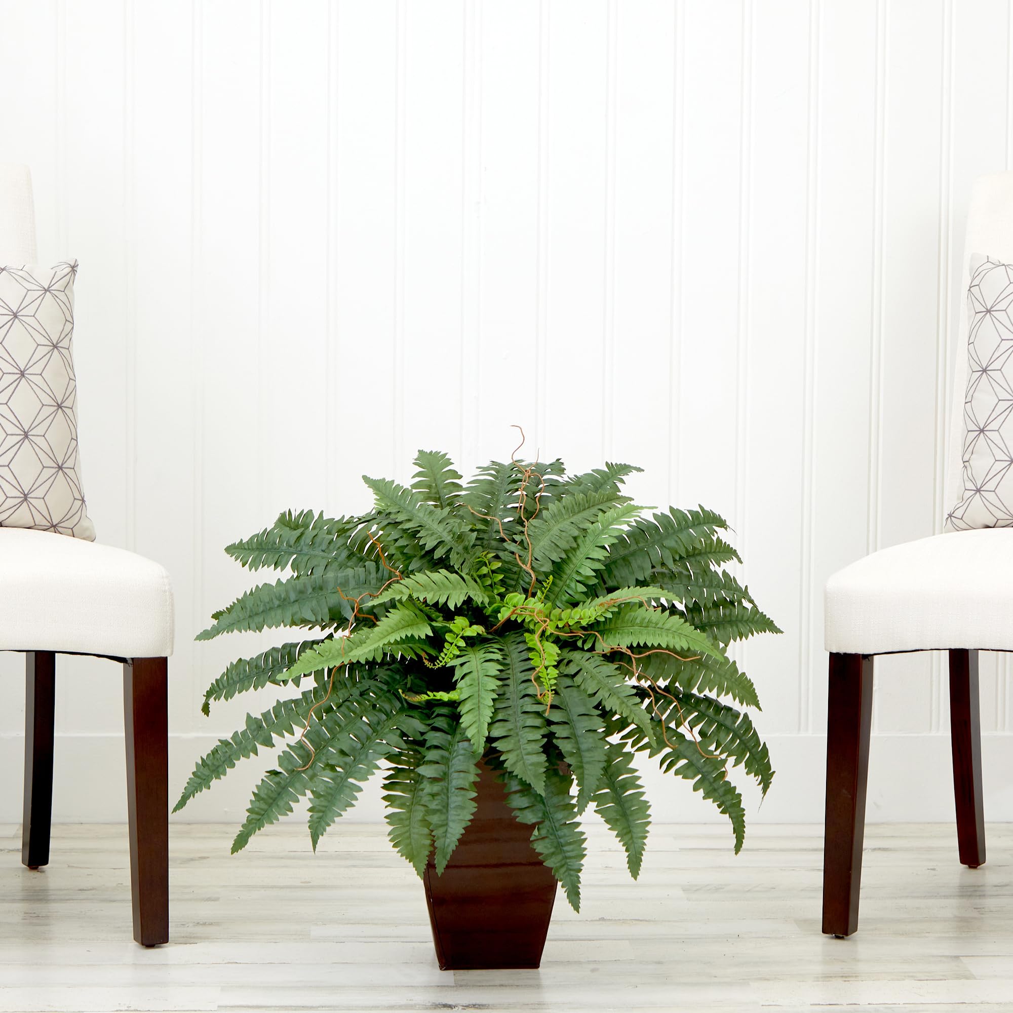 Nearly Natural 23in. Artificial Boston Fern Plant with Tapered Bronze Square Metal Planter DIY KIT - Image 3