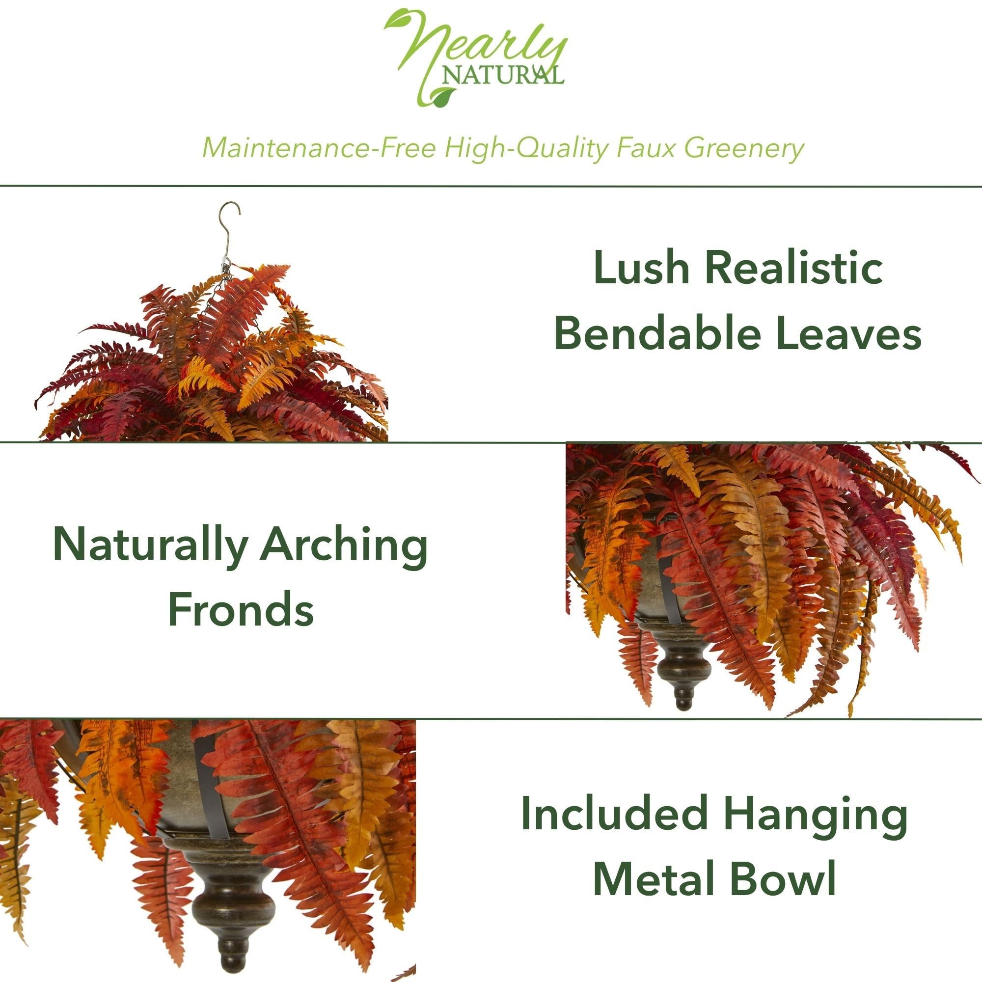 Nearly Natural 28in. Autumn Boston Fern Artificial Plant in Hanging Metal Bowl - Image 3