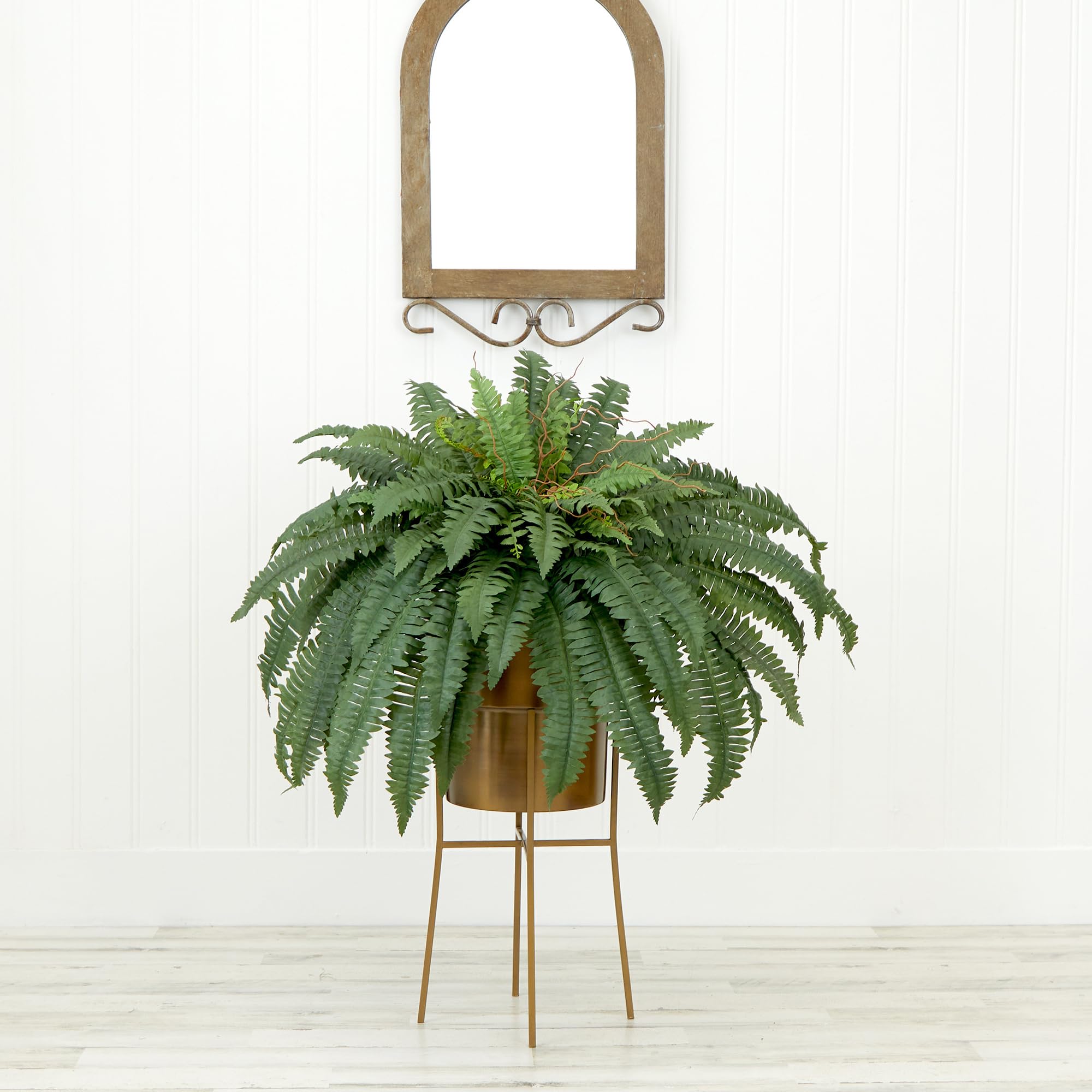 Nearly Natural 32in. Artificial Boston Fern Plant with Metal Planter with Stand DIY KIT - Image 3
