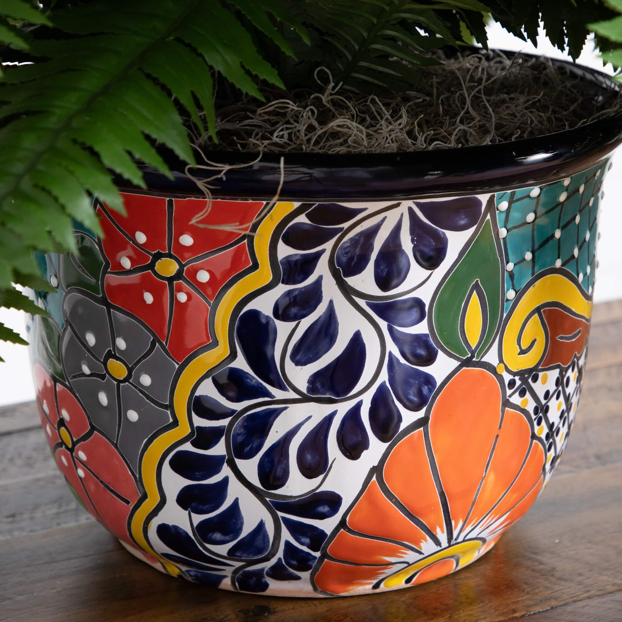 Nearly Natural 32in. Artificial Double Boston Fern in Handmade Mexican Talavera Ceramic Planter - Image 4