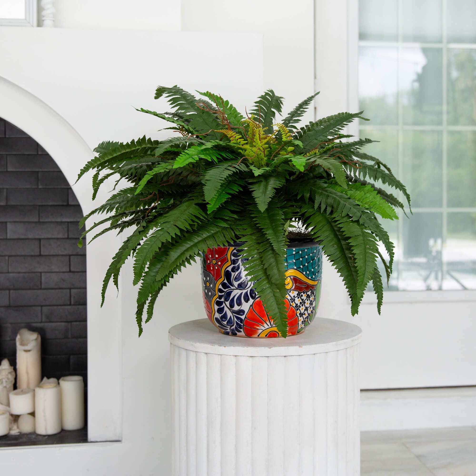 Nearly Natural 32in. Artificial Double Boston Fern in Handmade Mexican Talavera Ceramic Planter - Image 6