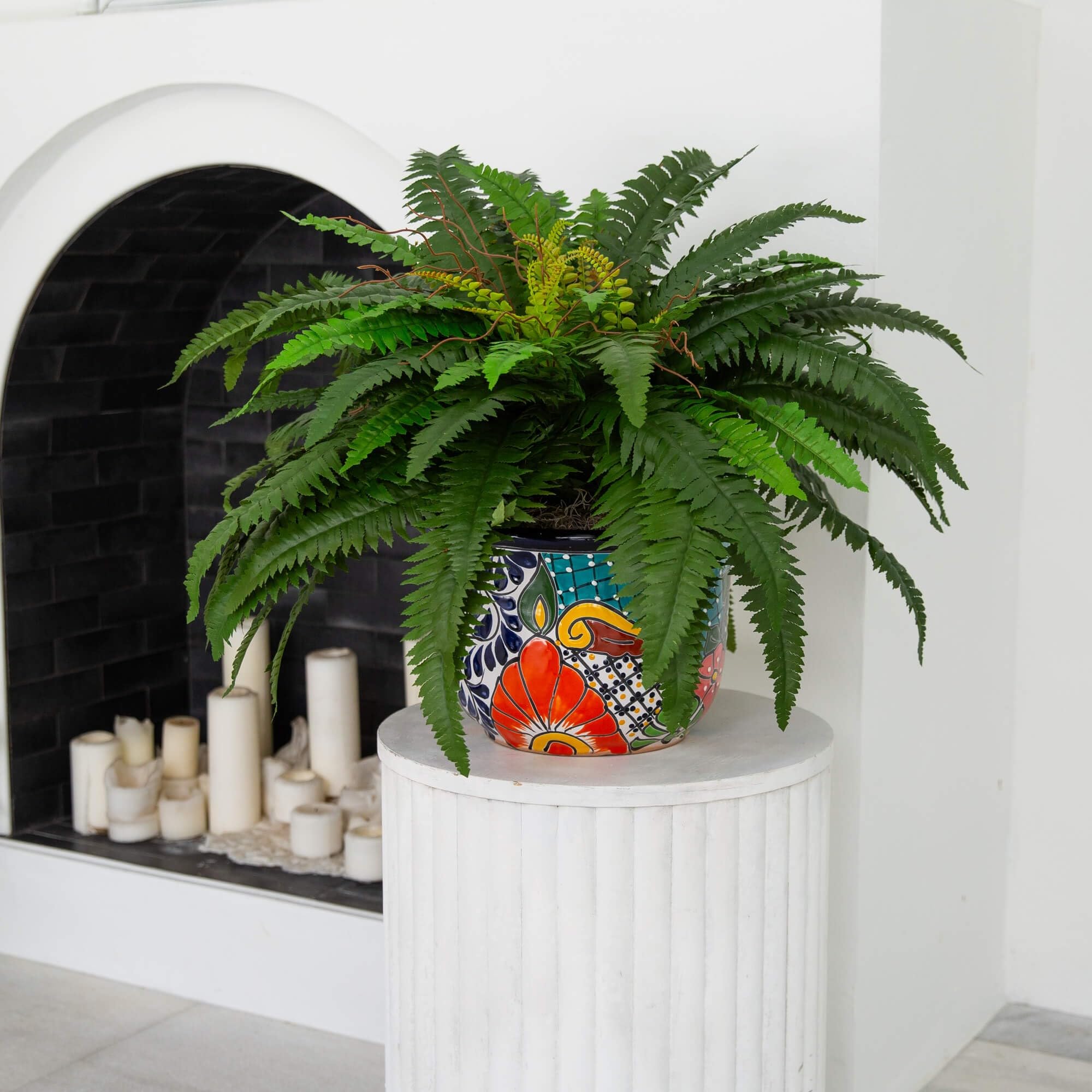 Nearly Natural 32in. Artificial Double Boston Fern in Handmade Mexican Talavera Ceramic Planter - Image 7