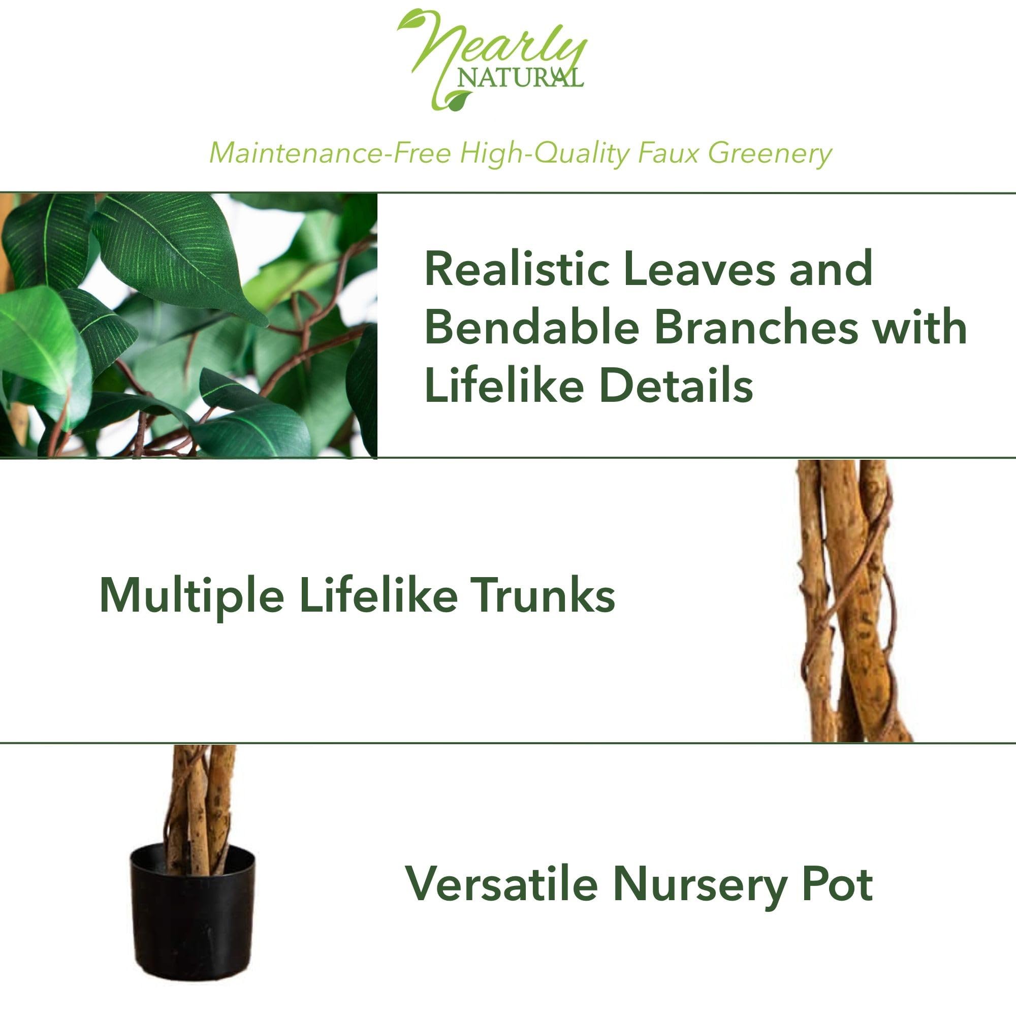 Nearly Natural 4ft Triple Trunk Artificial Ficus Tree With Natural Wood Trunks, Indoor Faux Ficus, Black Nursery Pot, Living Room Home Decor - Image 3