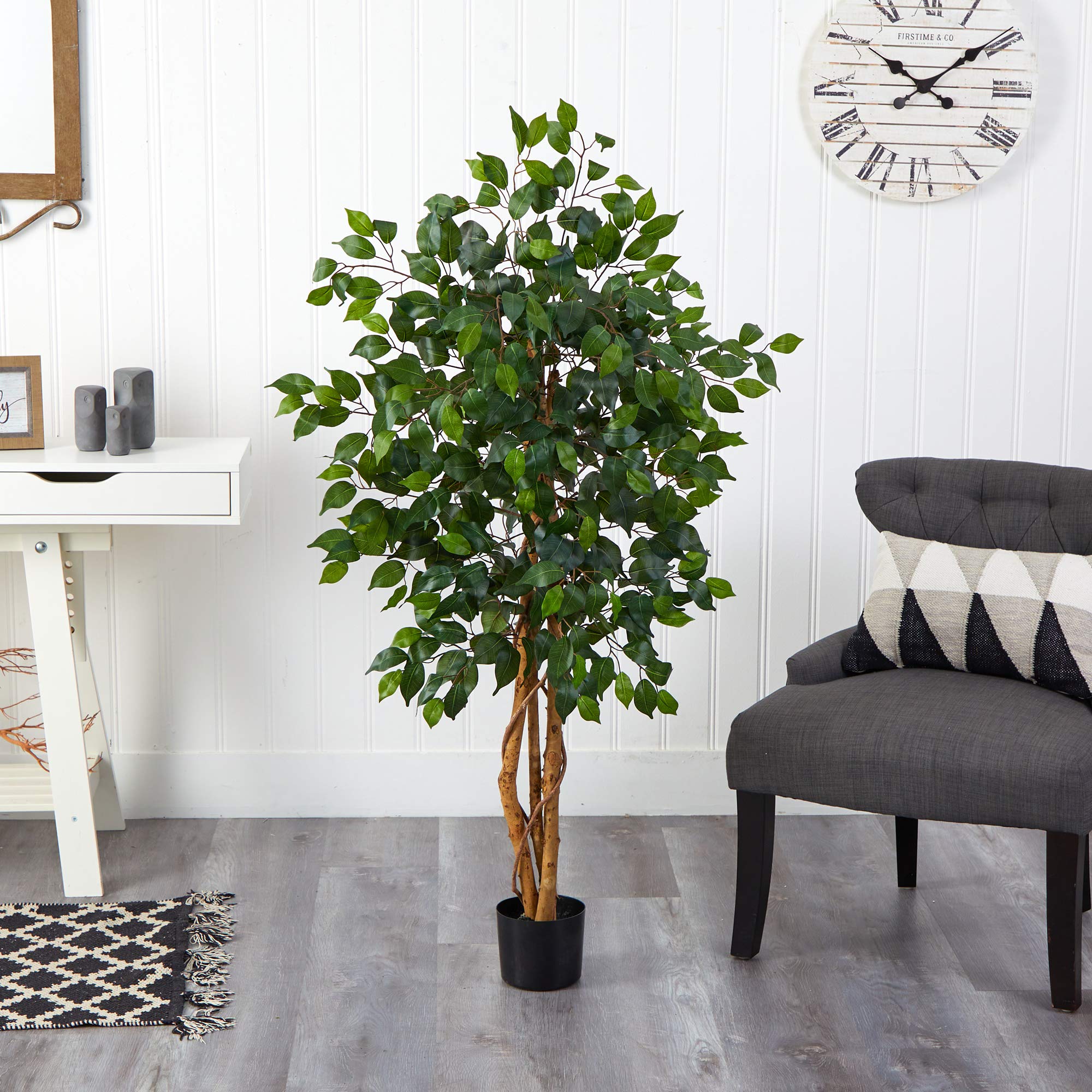 Nearly Natural 4ft Triple Trunk Artificial Ficus Tree With Natural Wood Trunks, Indoor Faux Ficus, Black Nursery Pot, Living Room Home Decor - Image 6