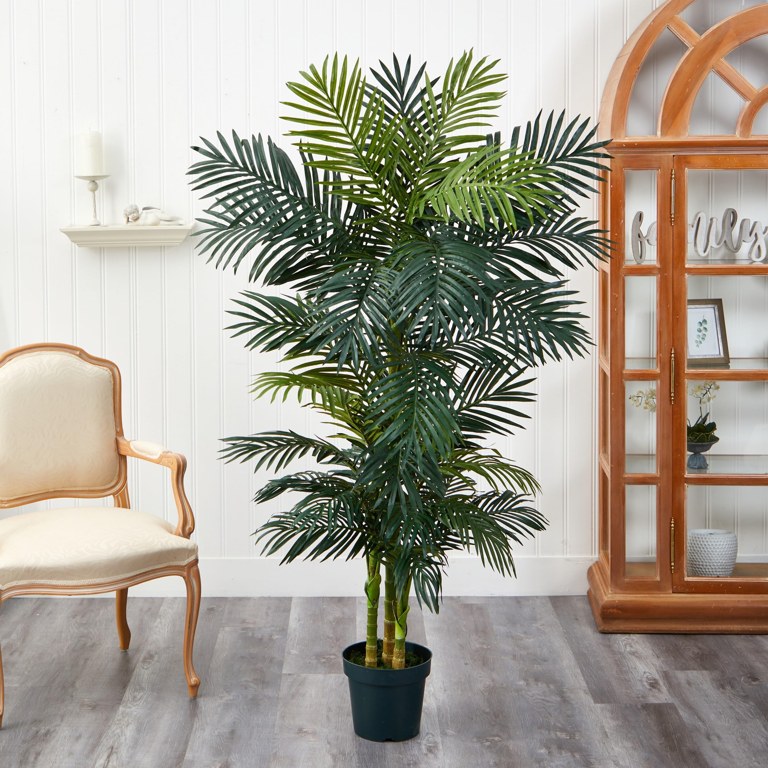 Nearly Natural 6.5ft Artificial Golden Cane Palm Tree, Lifelike Silk Indoor Palm With Three Textured Trunks Flexible Fronds Nursery Planter, Low Maintenance - Image 5