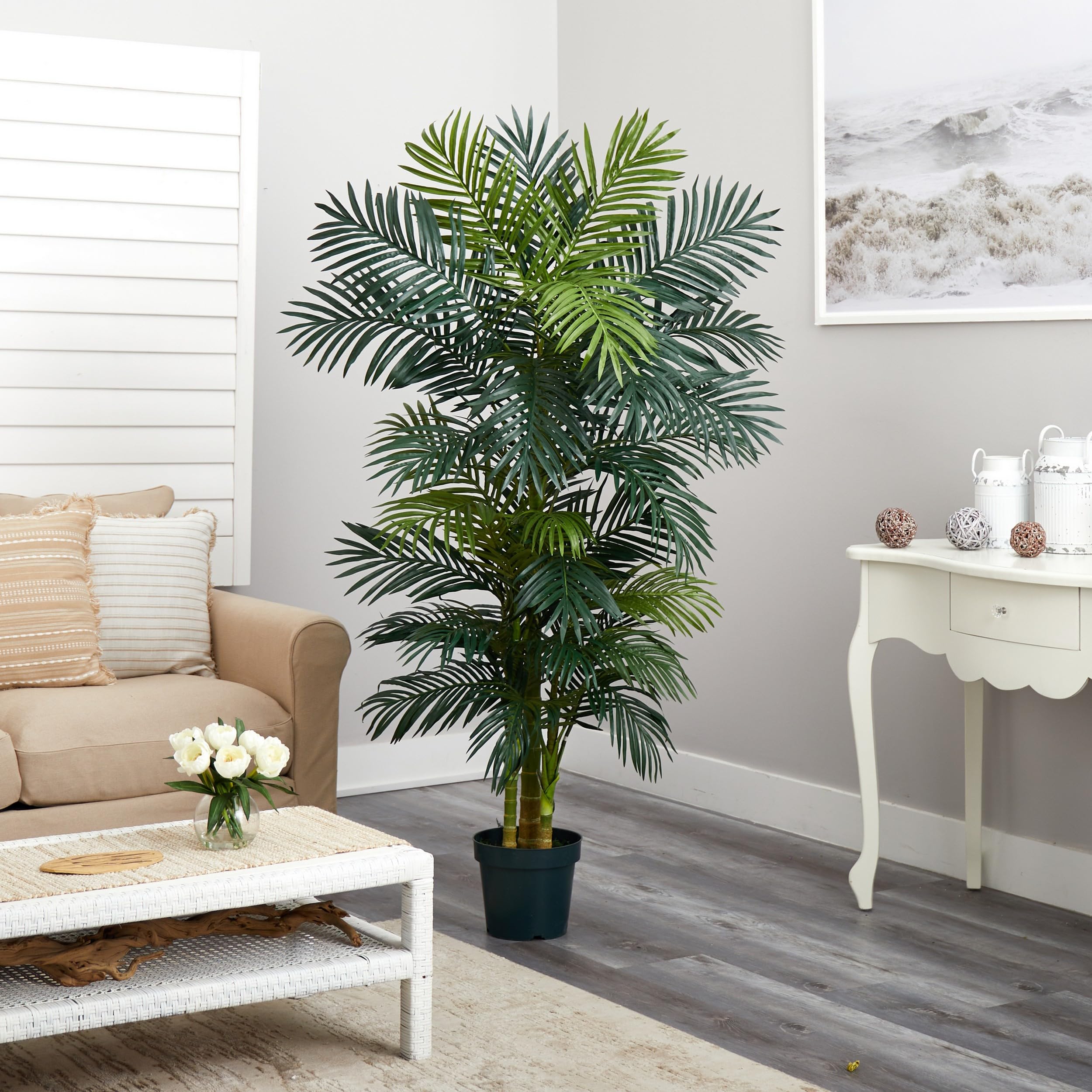Nearly Natural 6.5ft Artificial Golden Cane Palm Tree, Lifelike Silk Indoor Palm With Three Textured Trunks Flexible Fronds Nursery Planter, Low Maintenance - Image 6