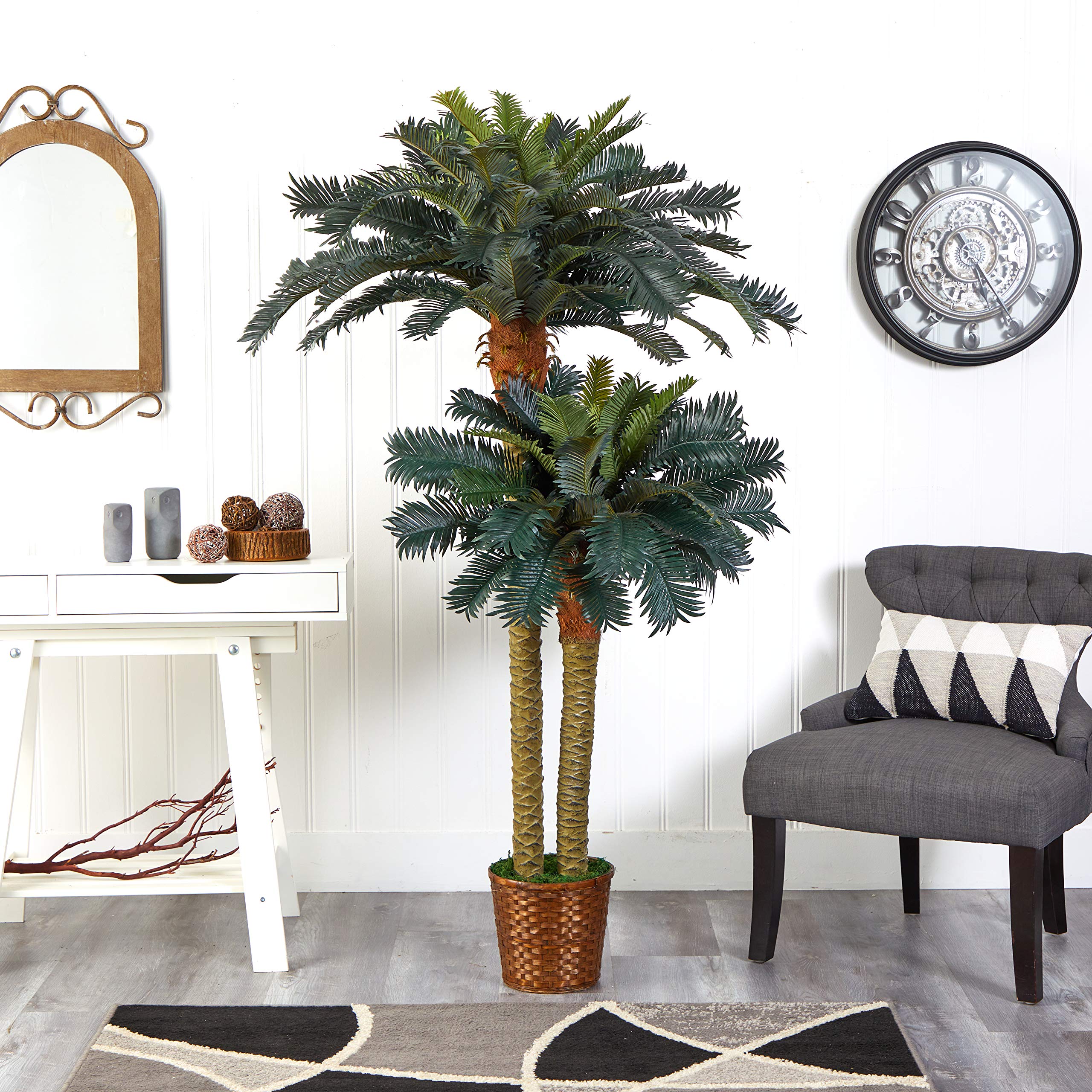 Nearly Natural 6FT & 4FT Artificial Sago Palm Trees Double Potted, Fake Palm Trees with Two Realistic Trunks and 80 Lifelike Palm Leaves in 10IN Brown Wicker Basket for Indoor Home Décor - Image 3