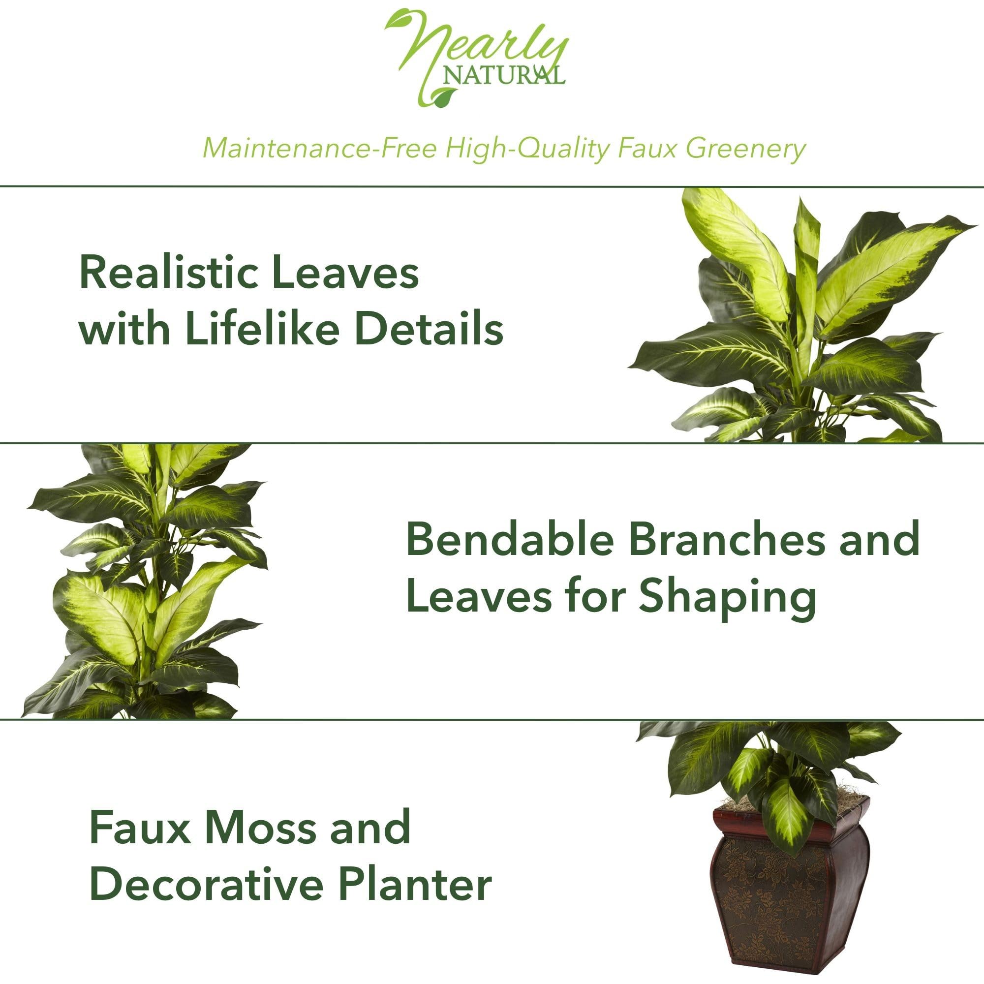 Nearly Natural Artificial Dieffenbachia, Floor Plant Faux Greenery With Decorative Planter For Indoor Home Decor - Image 4