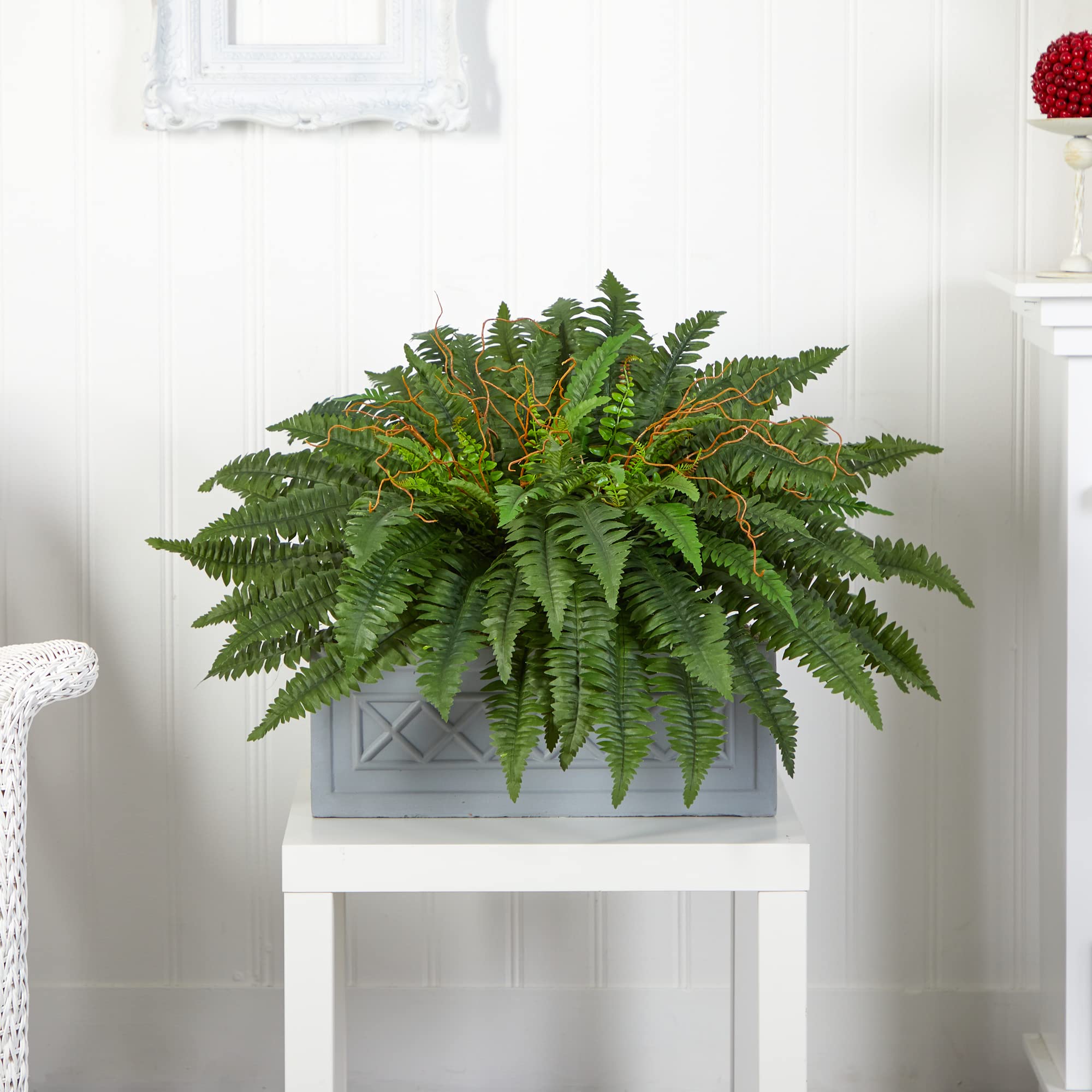 Nearly Natural Boston Fern Artificial Plant in Stone Planter - Image 3