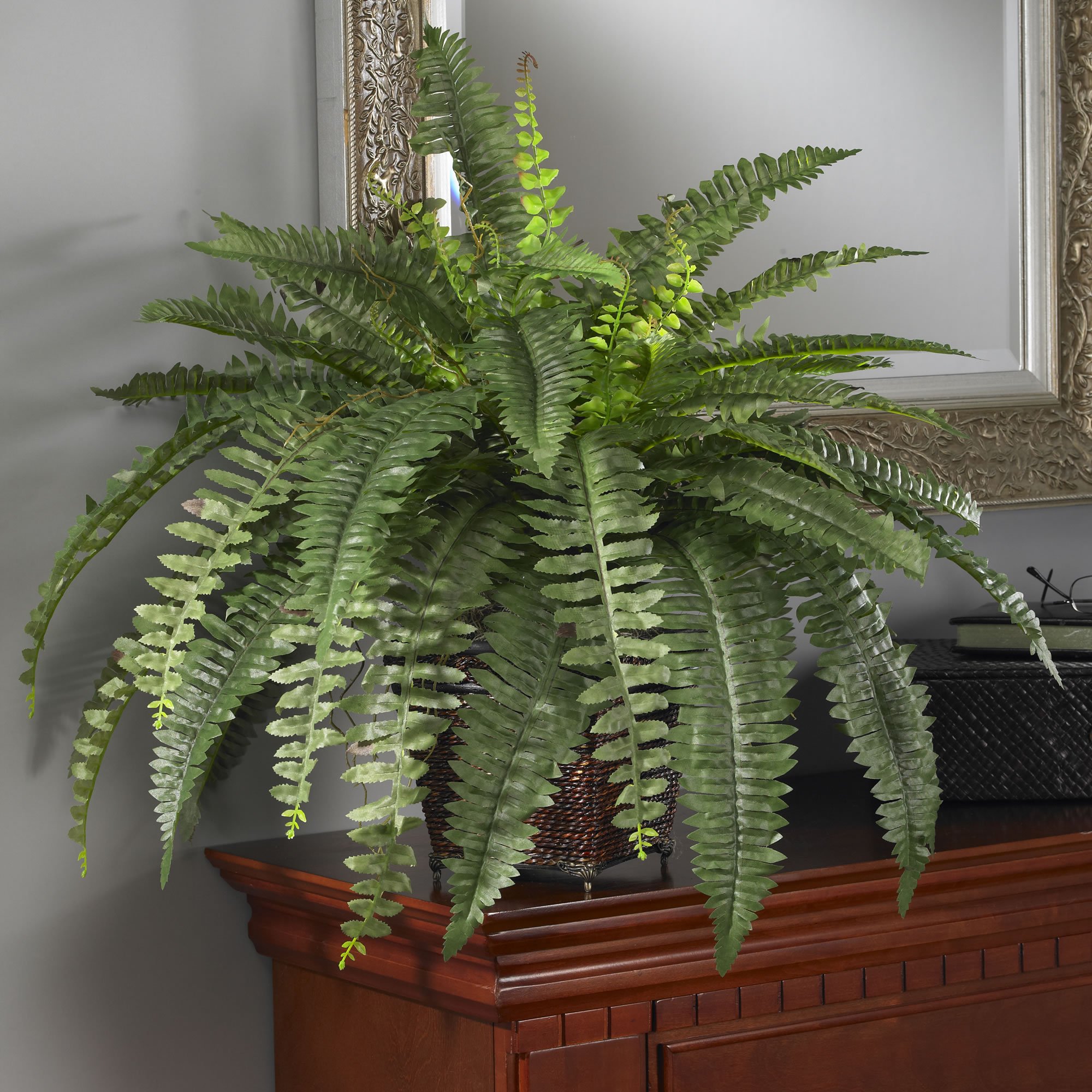 Nearly Natural Boston Fern with Wicker Basket Artificial Plant - Image 3