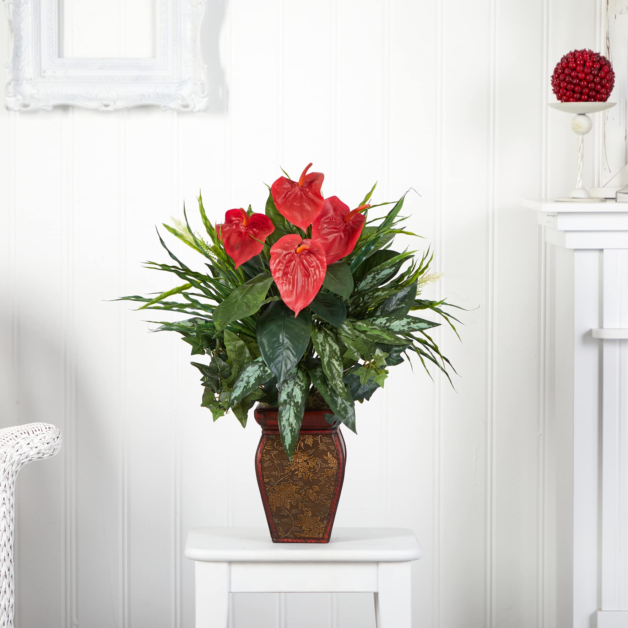 Nearly Natural Mixed Greens & Anthurium with Decorative Vase Silk Plant - Image 5